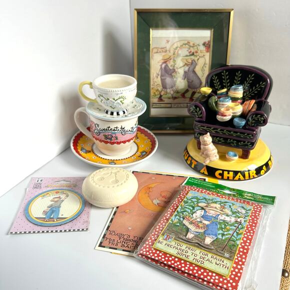 Mary Engelbreit Lot Mug Saucer Chair of Bowlies Bank Cards Magnet Framed Print - Picture 1 of 12